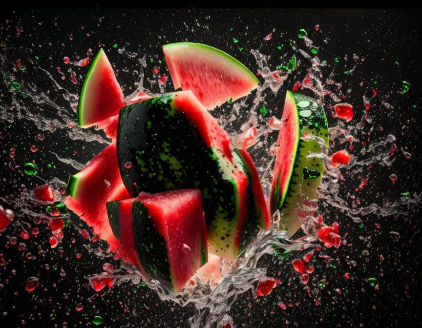 Fresh Watermelon Slices with Splashes on Dark Background