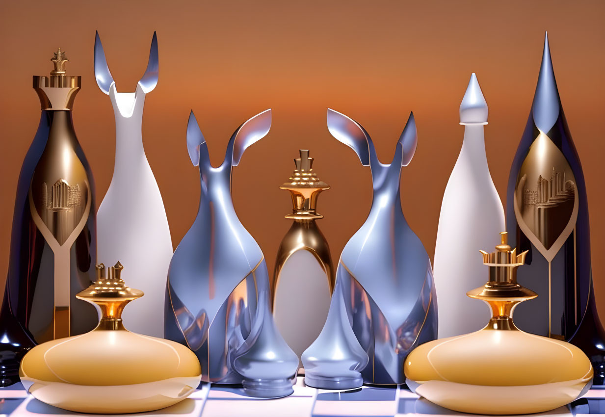 Glass and Gold Perfume Bottles on Checkered Surface and Orange Background