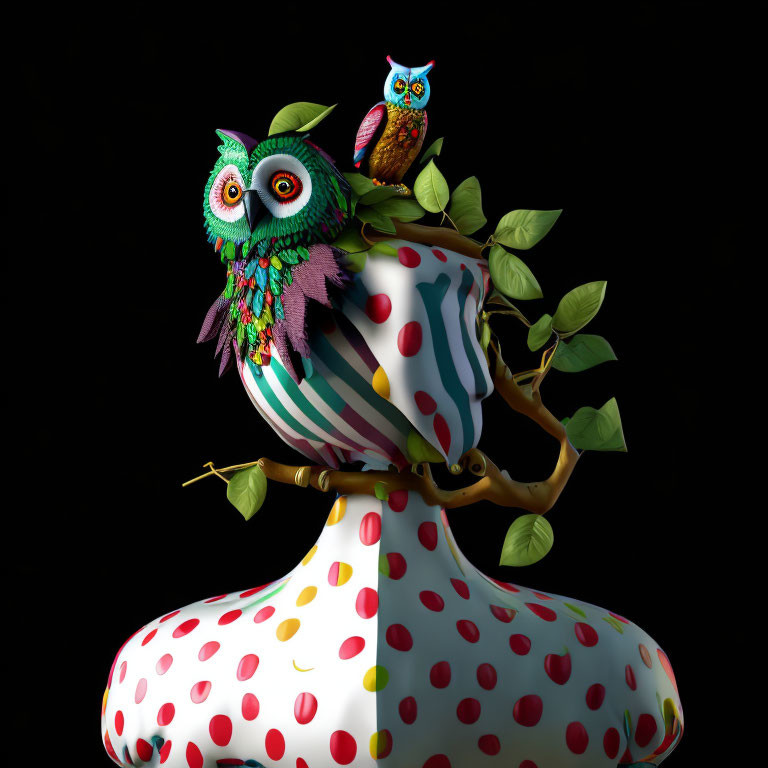 Colorful stylized owls on branch with mushroom against black background