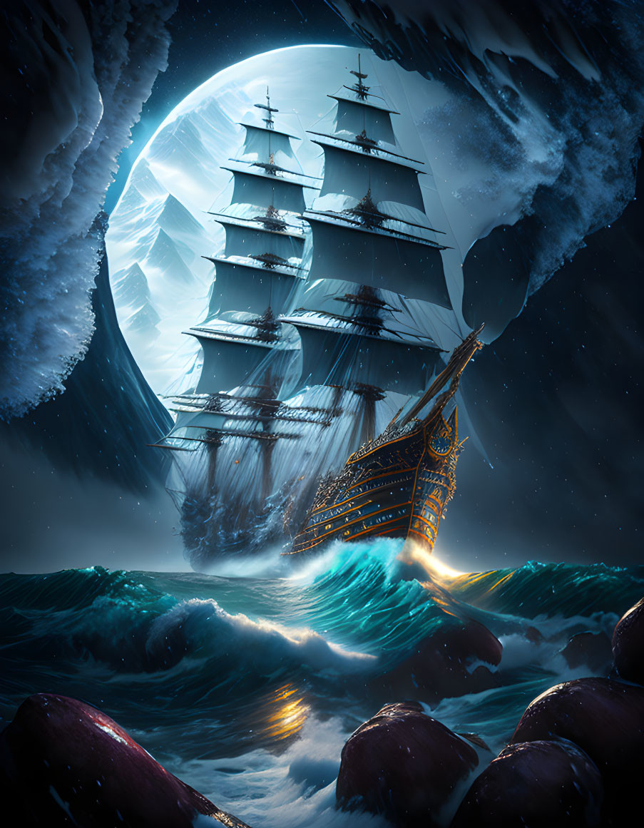 Tall ship navigating stormy seas under mystical moonlight