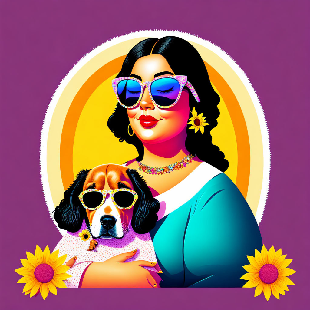 Stylized illustration of woman and dog in sunglasses with sunflowers on purple backdrop