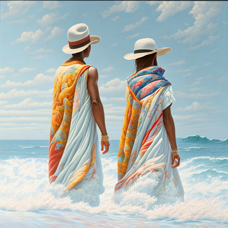 Two women in sunhats and beachwear standing by the shoreline.