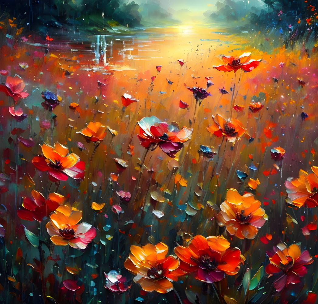 Colorful oil painting: Field with poppies under sunset sky