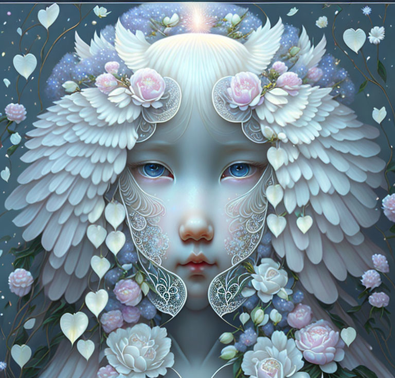 Fantasy illustration of serene face with large blue eyes and intricate floral motifs