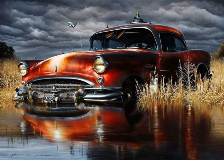 Vintage Red Car Reflecting on Water Under Stormy Sky with Dramatic Clouds and Flying Bird