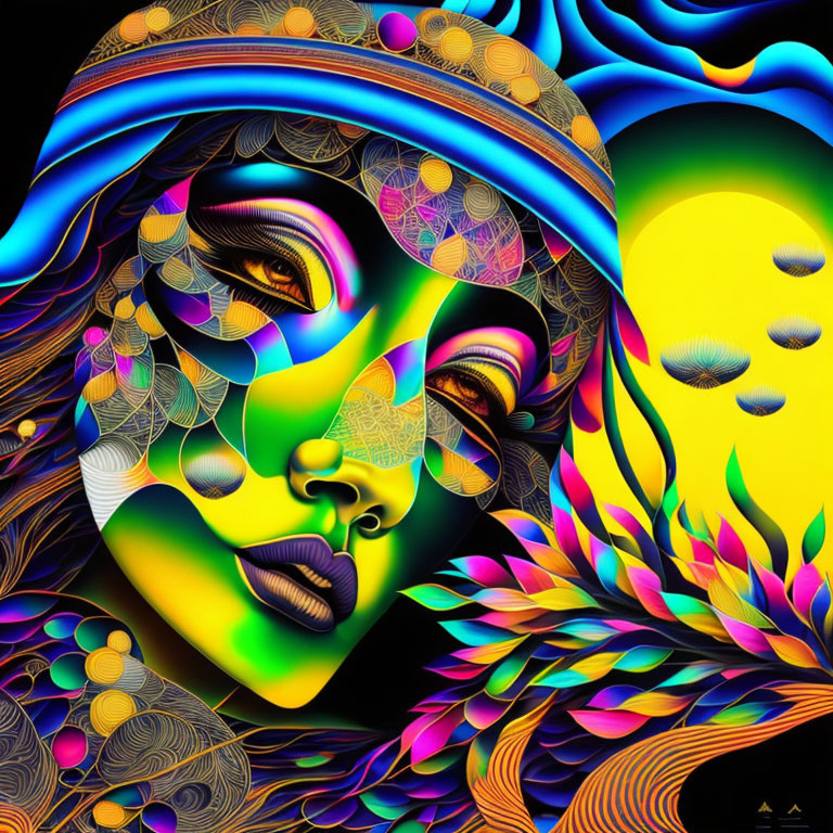 Colorful Psychedelic Art: Stylized Woman's Face with Crescent Moon