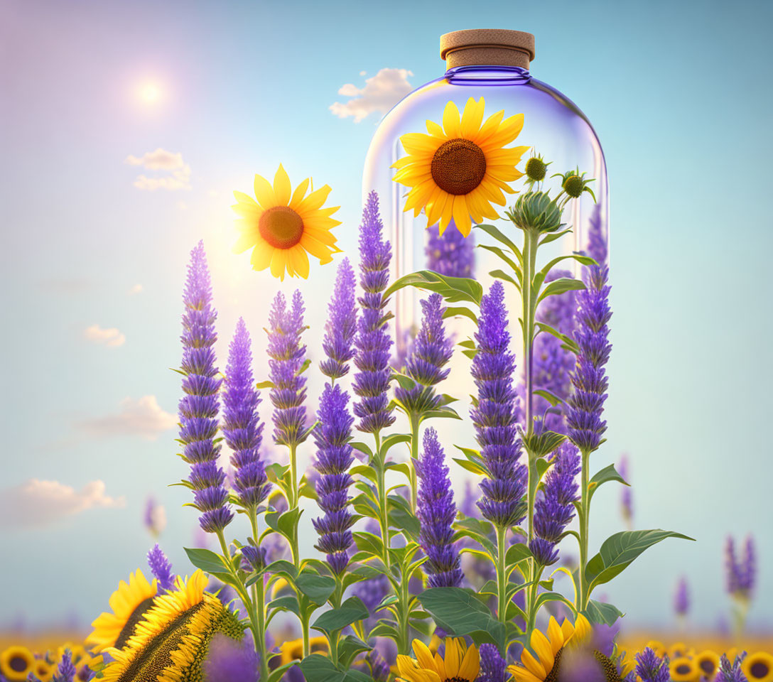 Sunflower and Lupin Flowers in Glass Bottle with Sky Background