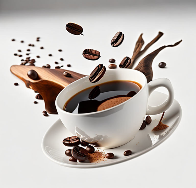 Coffee Beans Suspended Around Cup on White Background