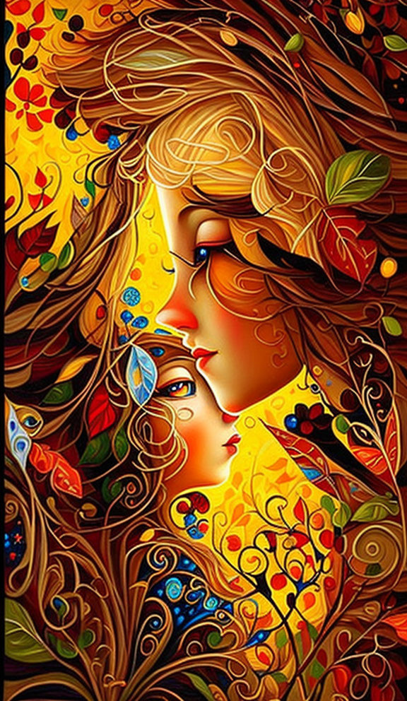 Colorful Artwork: Woman's Face Blending with Autumn Mosaic