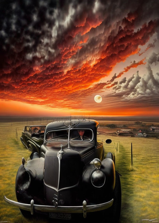 Vintage car on grassy field under red-tinted sky with full moon