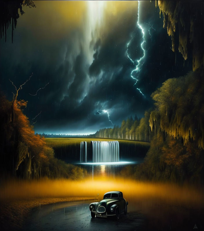 Vintage Car Parked Near Waterfall Under Stormy Sky With Lightning