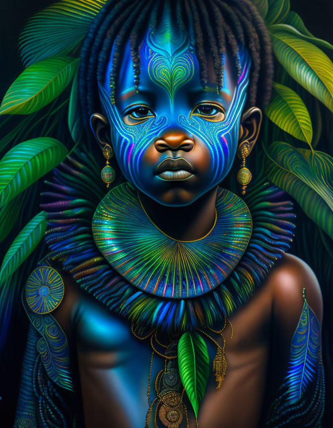 Child with Blue Facial Markings Wearing Colorful Jewelry in Green Foliage