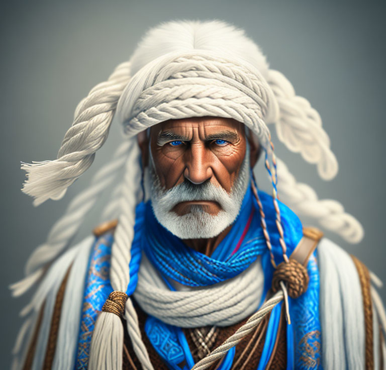 Man with Striking Blue Eyes in Traditional Headdress Portrait