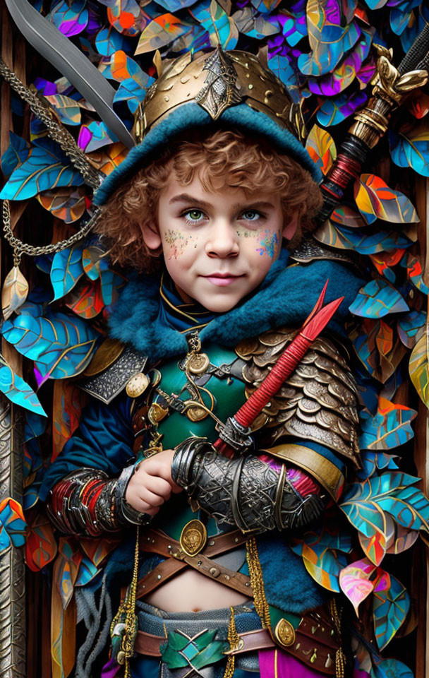 Child in vibrant warrior costume with feathered helmet and scale armor