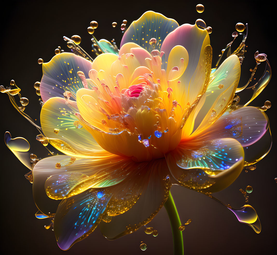 Iridescent flower with gradient colors and water droplets on dark background