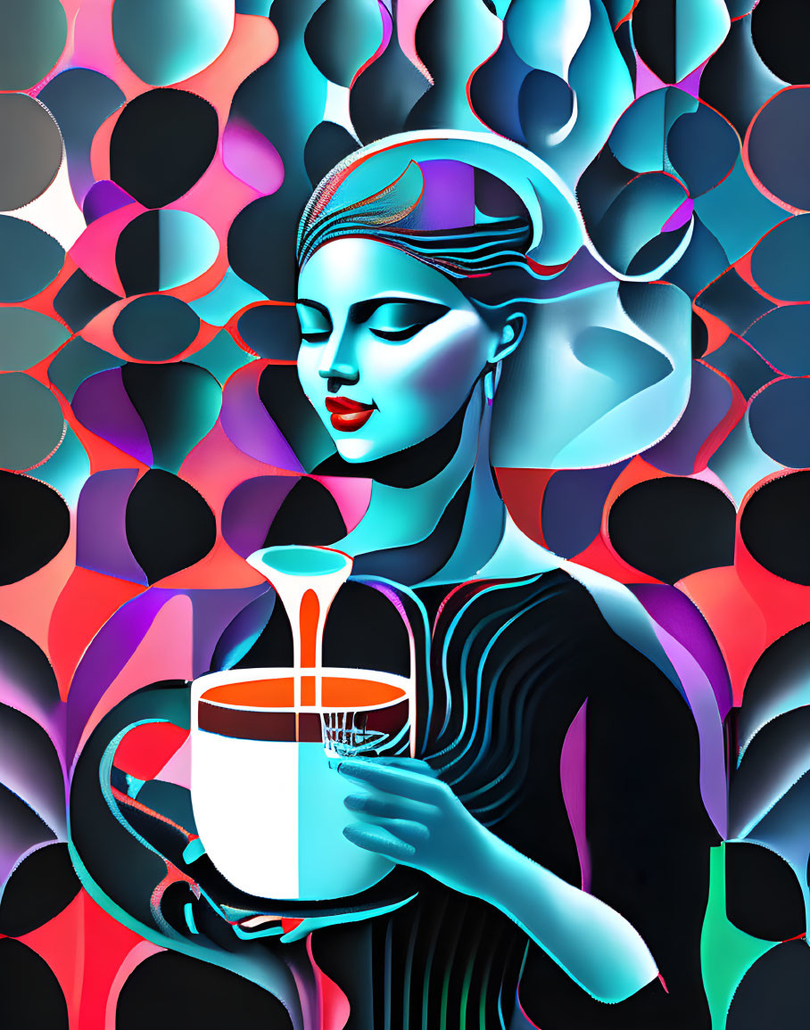 Stylized blue-skinned woman with tea cup in front of multicolored circles