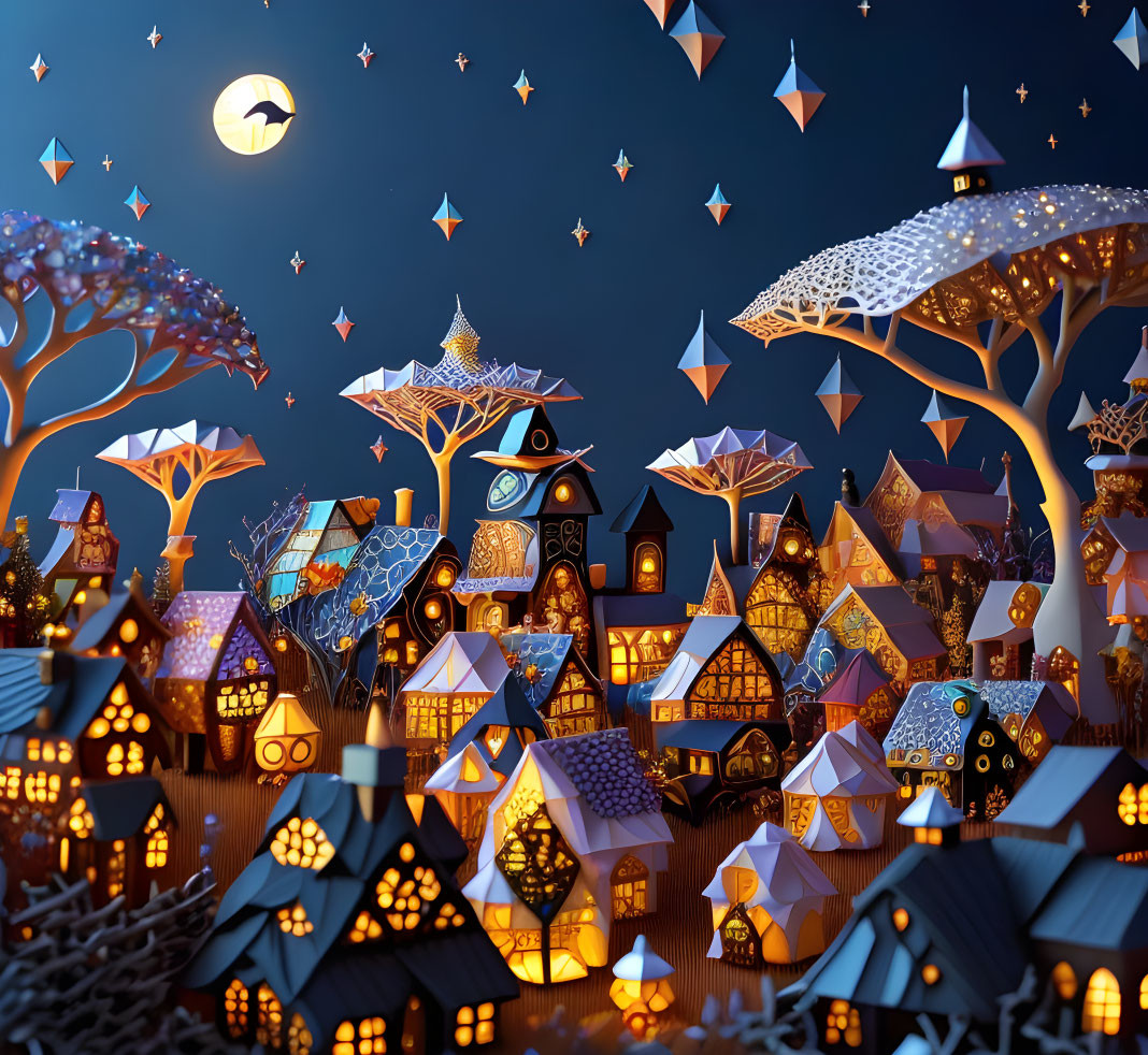 Colorful illuminated paper art village at night with crescent moon & floating envelopes