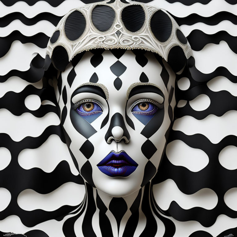 Surreal portrait with black and white patterns, blue eyes, and vivid blue lips