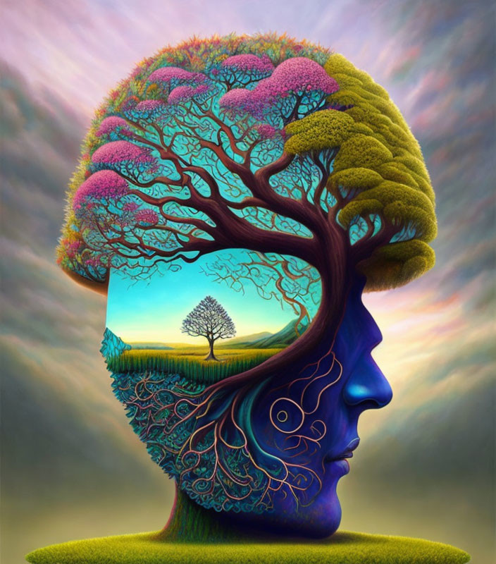 Vibrant tree brain profile illustration in serene landscape