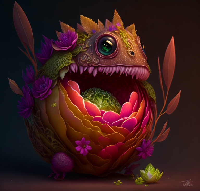 Colorful creature illustration with flower-like body and reptilian eye