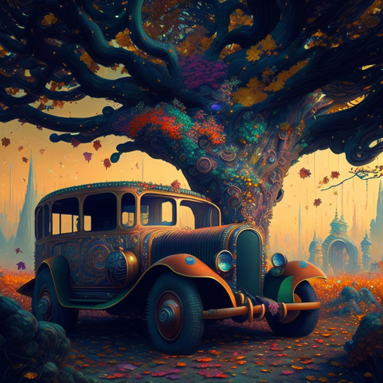 Vintage car parked under colorful tree in mystical autumn forest