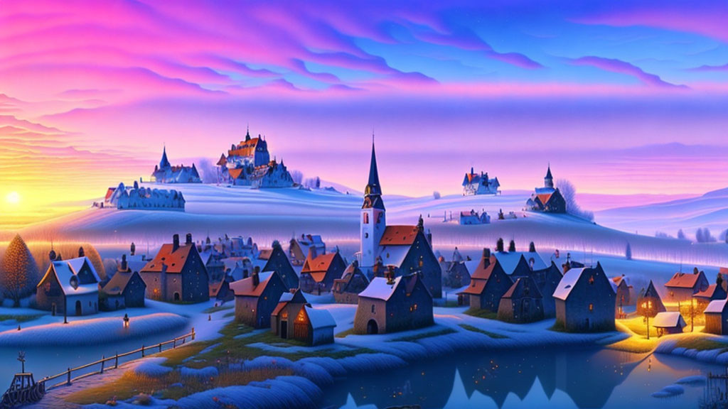 Snowy hills, frozen river, quaint houses, distant castles in twilight winter landscape