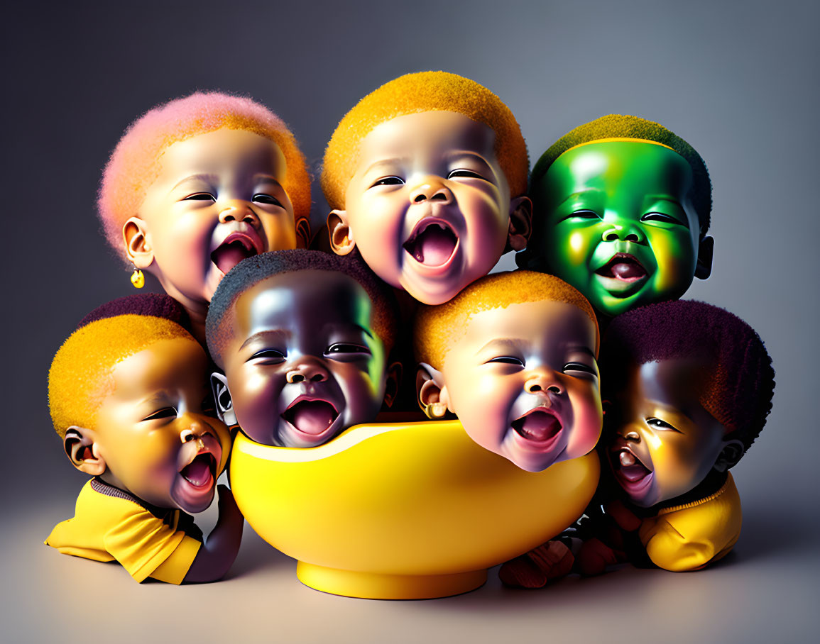 Colorful Cartoon Babies in Yellow Bowl Laughing