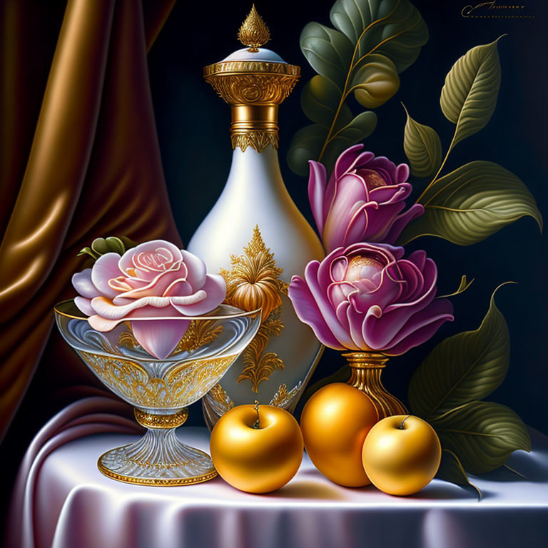 White and Gold Vase, Rose, Oranges, and Draped Curtain in Elegant Still Life