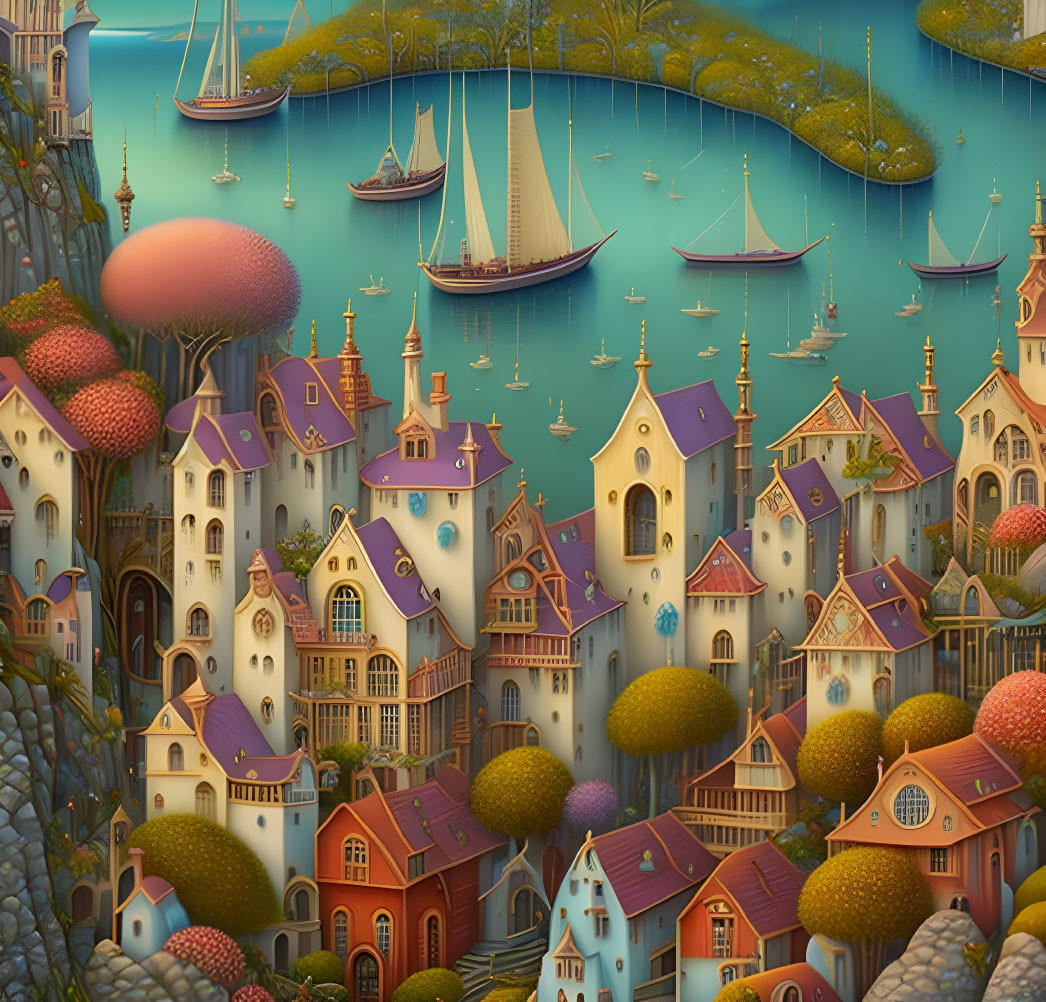 Whimsical coastal village with sailboats and arched bridges