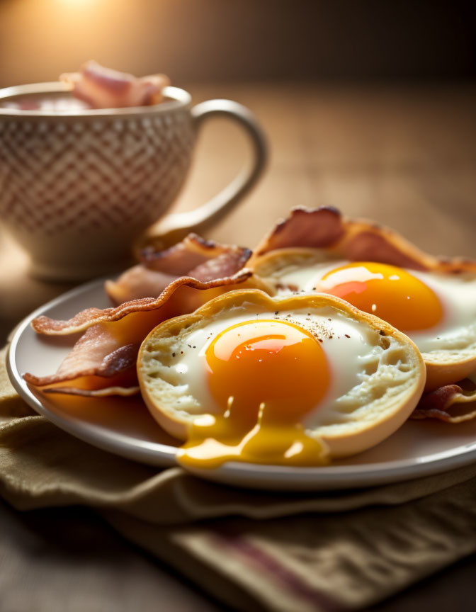 Breakfast setting with sunny side up eggs, bacon strips, and patterned cup