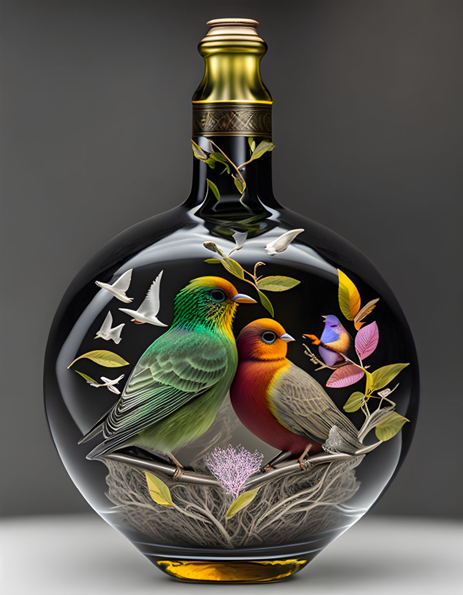 Colorful Birds Painted Design on Round Glass Bottle with Gold Cap