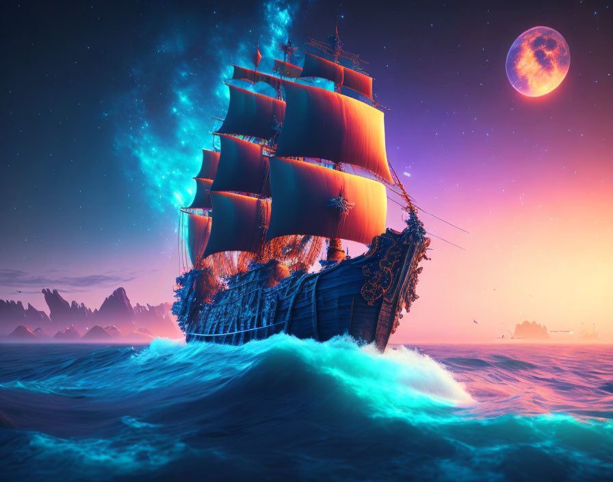 Majestic sailing ship with red sails under starry sky