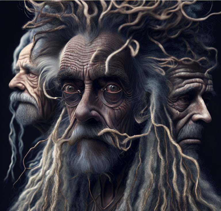 Portrait of three elderly men with intense gazes, weathered faces, and wild hair.