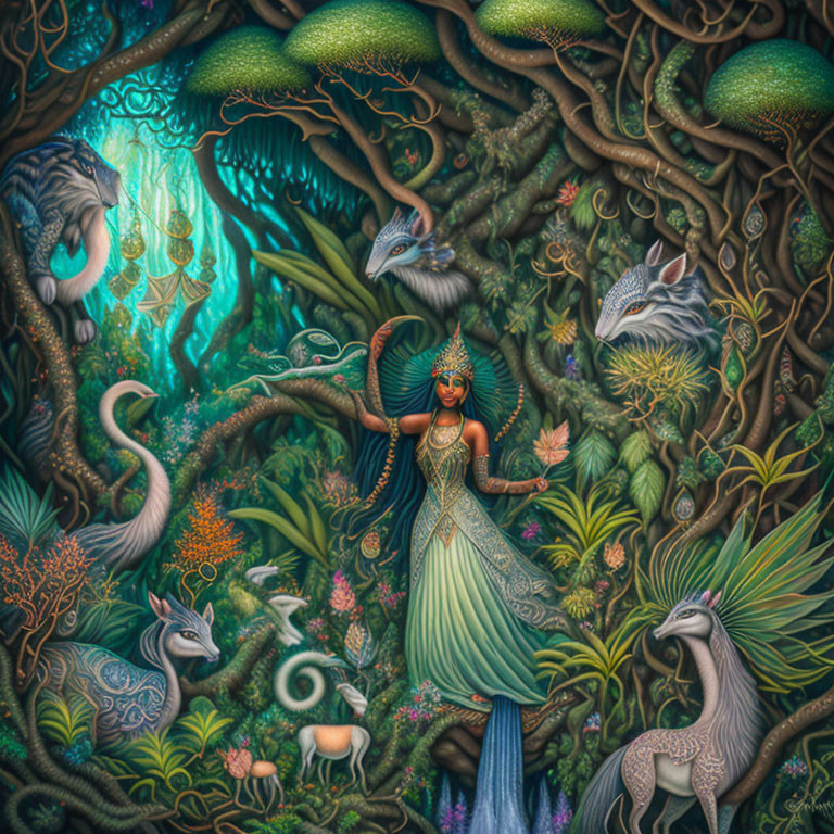 Mystical forest scene with female figure, peacocks, wildlife, and luminescent flora