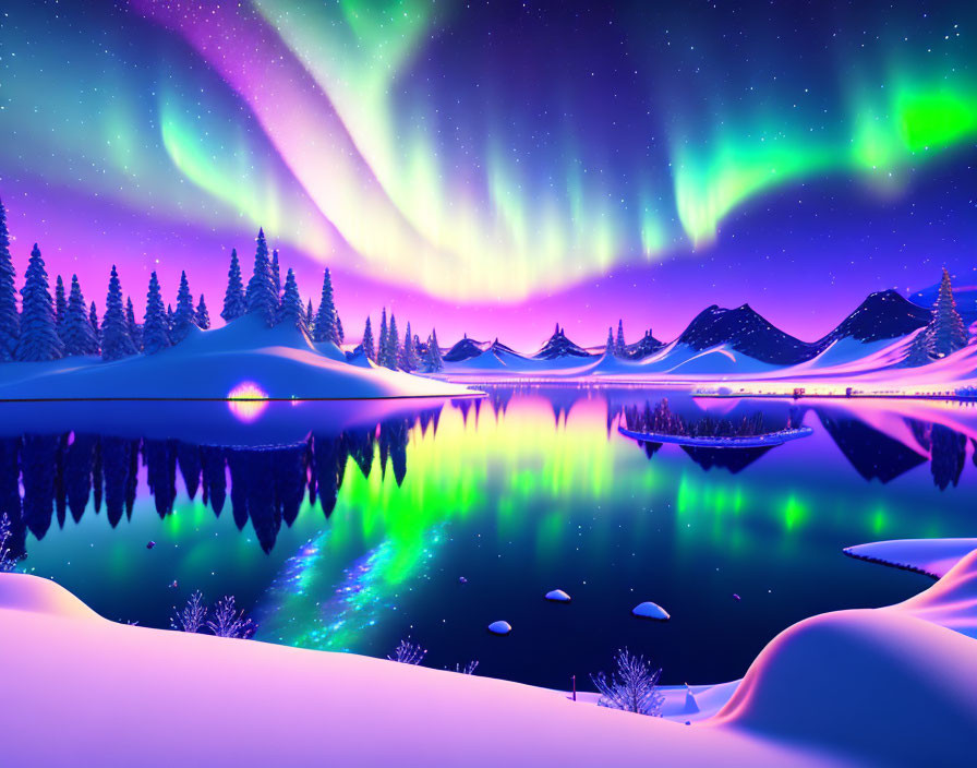 Northern Lights Over Snowy Mountains and Lake at Night