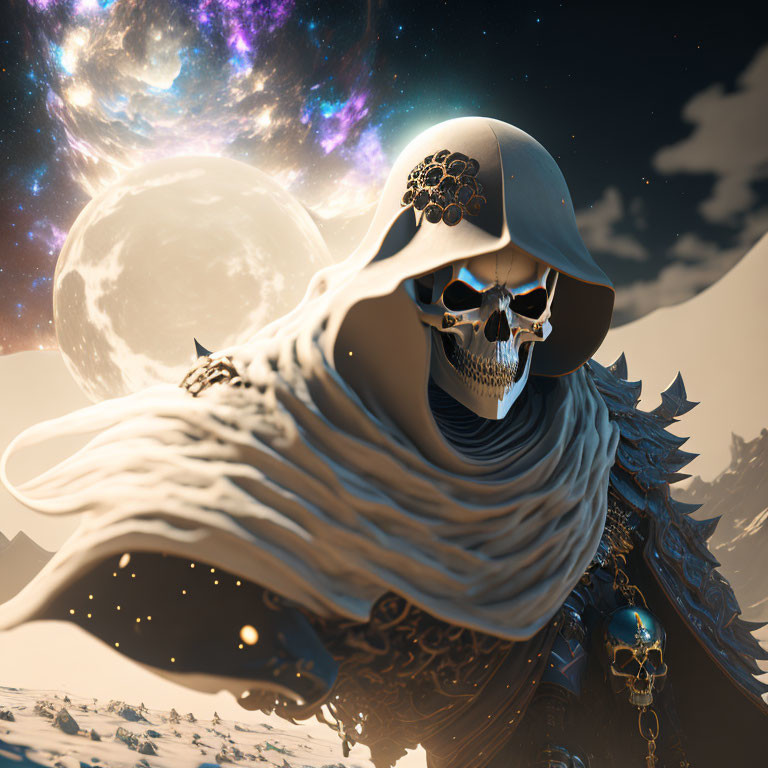 Skull figure in desert with cloak, hat, bones, moon, and nebula