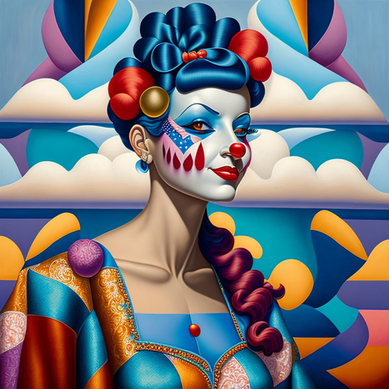 Colorful surreal portrait of woman with elaborate hair and makeup