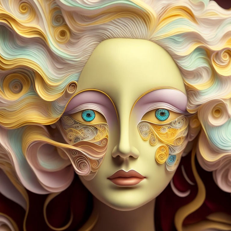 Surreal portrait with curly hair, blue eyes, and intricate spiral designs