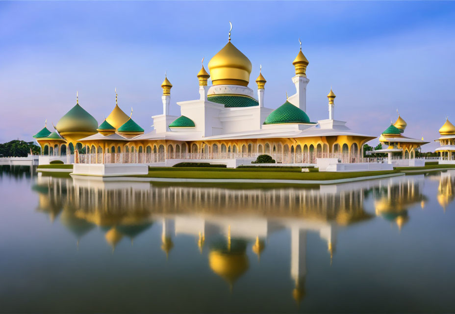 Golden domed mosque reflecting on tranquil water at twilight