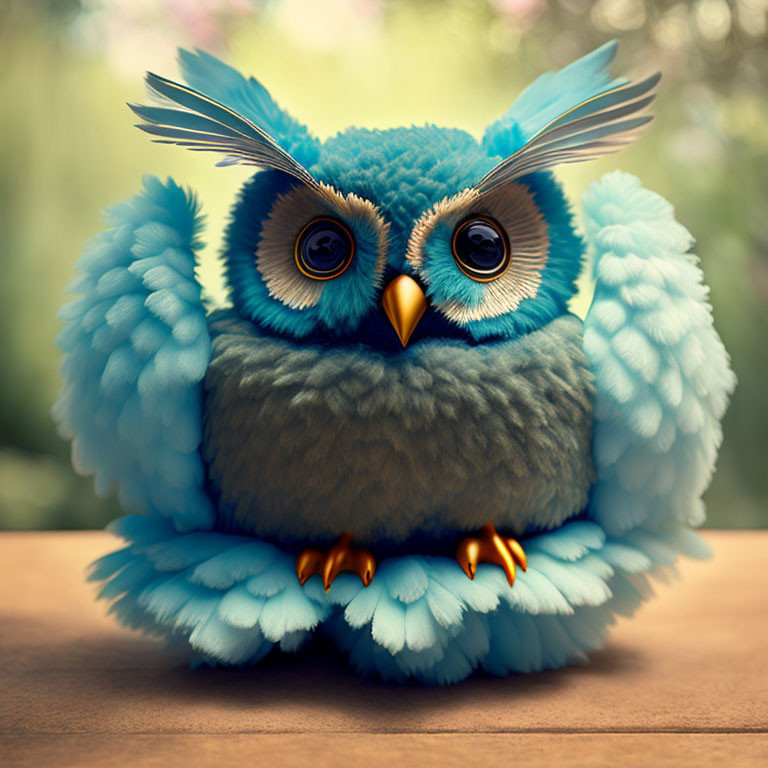 Stylized blue owl illustration with expressive eyes on wooden surface