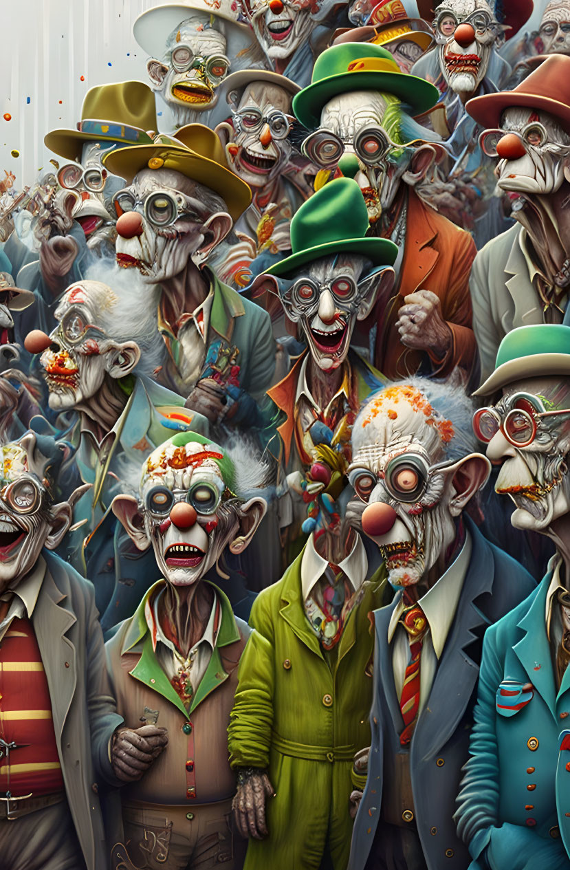 Colorful Elderly Clown Characters with Exaggerated Expressions