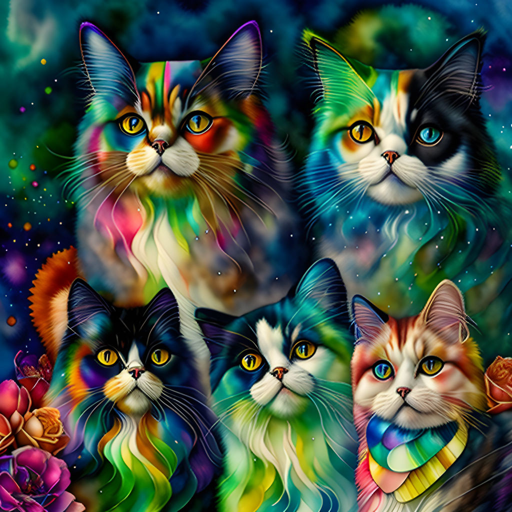 Vibrant rainbow-hued cats in cosmic floral scene