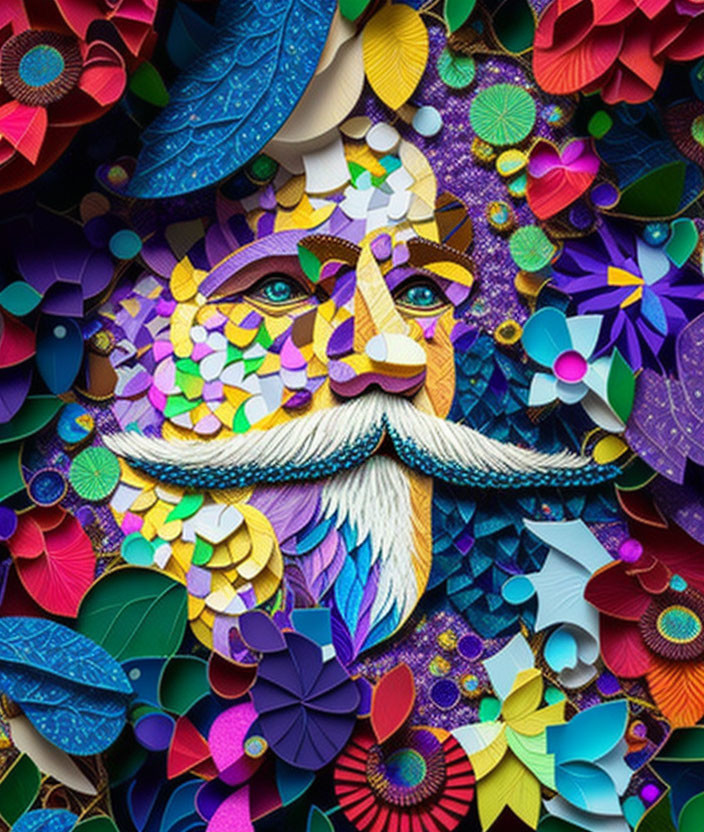 Colorful Abstract Art: Bearded Face with Floral and Geometric Patterns