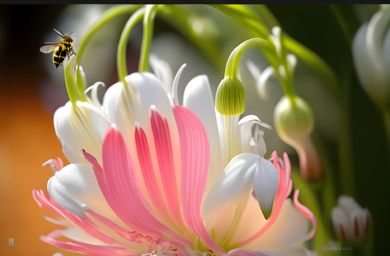 Bee near vibrant pink and white flower with soft bokeh background