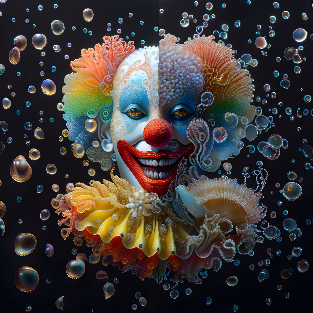 Colorful digital artwork: Clown face with coral and sea life designs on dark background.