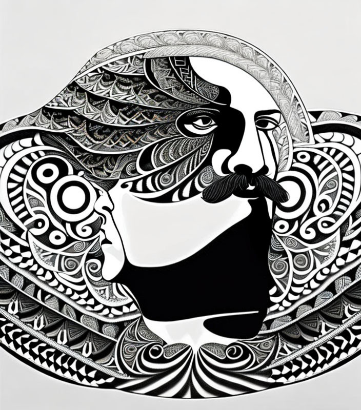 Monochrome abstract illustration of stylized male face with intricate patterns