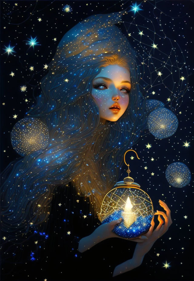 Illustration of woman with star-filled hair holding lantern in cosmic setting