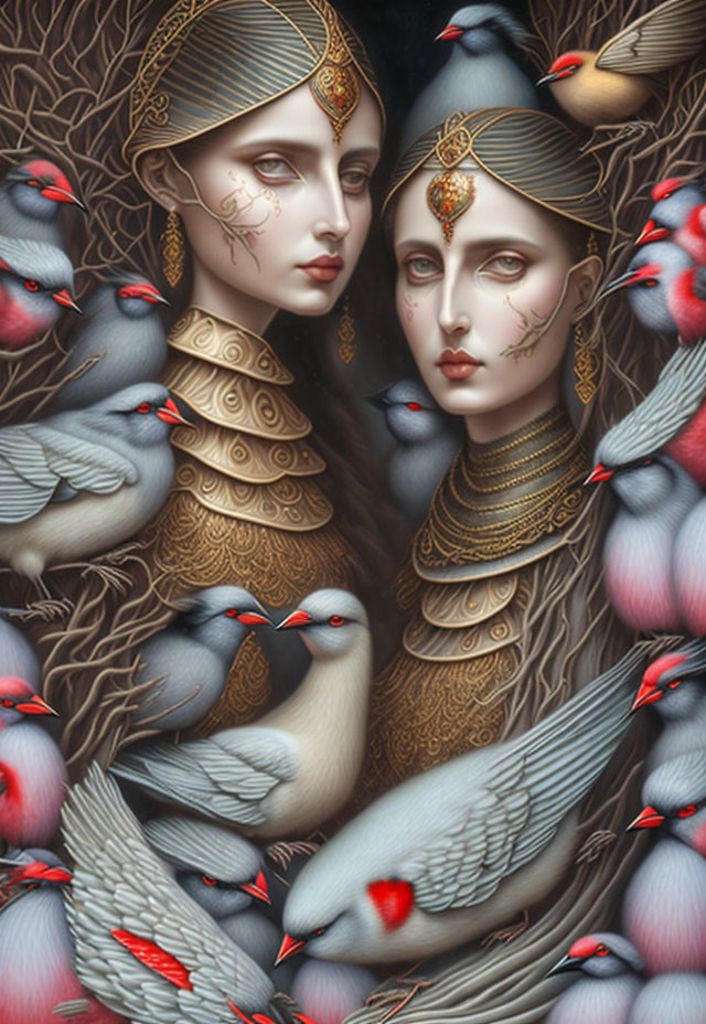 Ethereal female figures with birds and branches on dark background