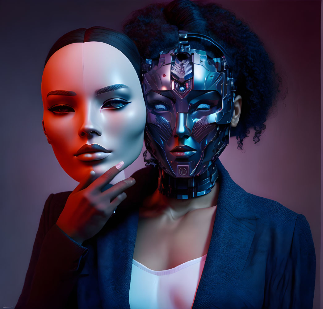 Split image of woman and robotic figure against color gradient background, showcasing human-android contrast.