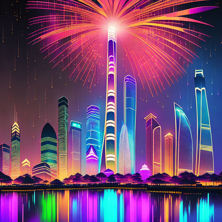 Neon-lit cityscape with skyscrapers and fireworks at night